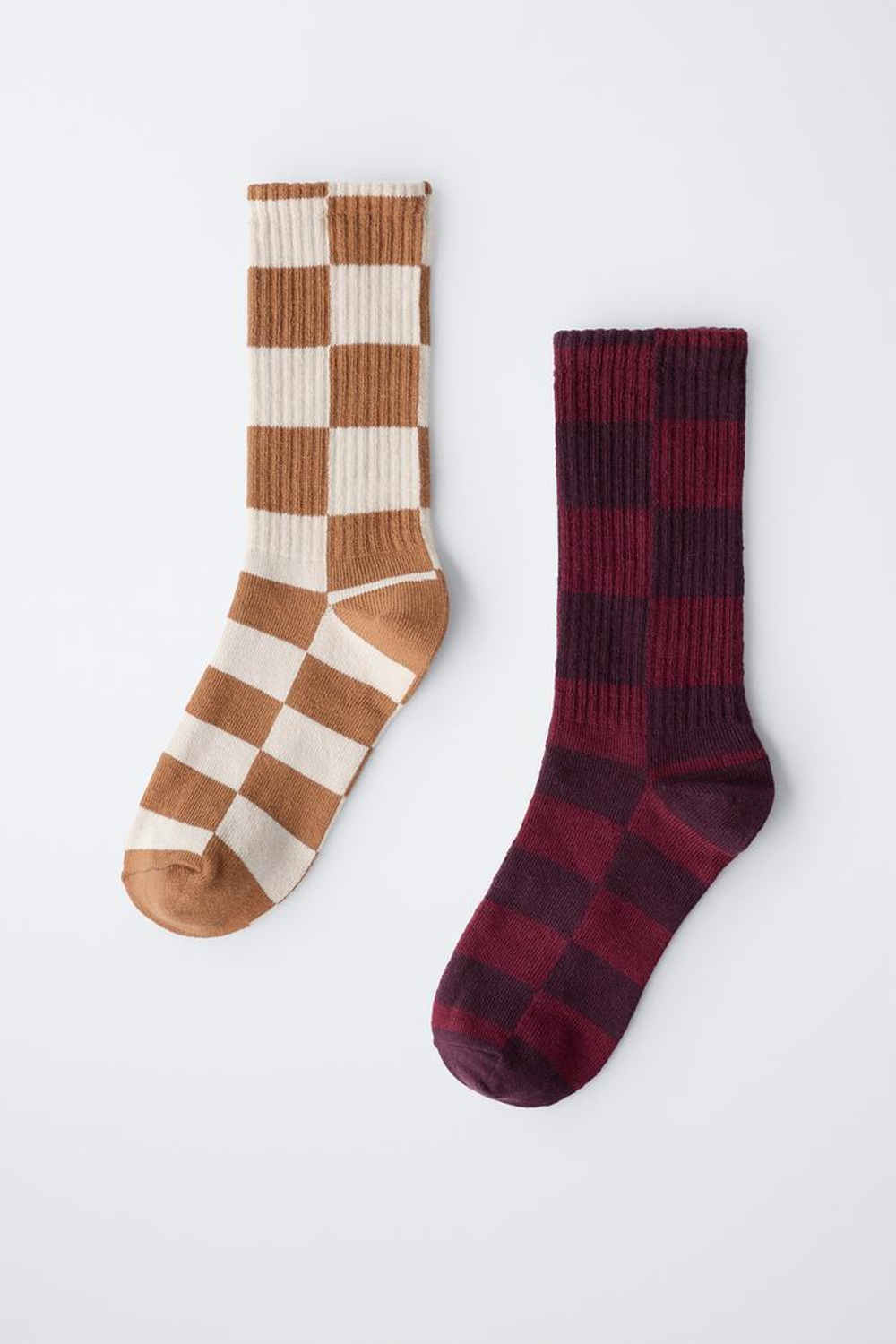 ZARA НАБОР ИЗ ДВУХ ПАР ВЫСОКИХ НОСКОВ В КЛЕТКУ, БОРДОВЫЙ/ЭКРЮ