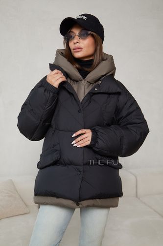 Женский черно-шоколадный многослойный пуховик