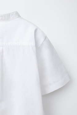 ZARA РУБАШКА С ВОРОТНИКОМ-СТОЙКОЙ ИЗ ХЛОПКА И ЛЬНА, БЕЛЫЙ