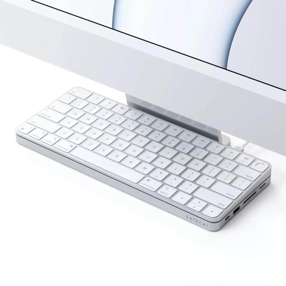 USB-Хаб с отсеком для SSD Satechi Slim Dock (USB-C) для iMac 24" (2021 и новее) (ST-UCISD) Подключение: съёмный кабель USB-C. Порты: USB-C, USB-A 3.2 Gen 1, 2 USB-A 2.0, microSD UHS-I, SD UHS-I. Есть отсек для SSD M.2 NVMe/SATA