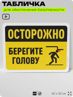 Табличка для обеспечения безопасности "Осторожно, берегите голову", для офиса, по охране труда для предприятия, организаций, 40х30 см, Silver Plane x Айдентика Технолоджи