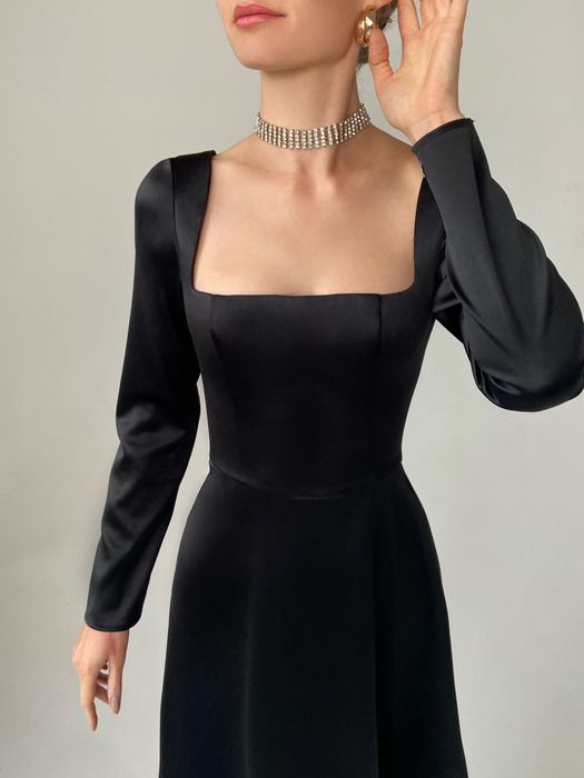 Нарядное платье миди с длинными рукавами (черный)