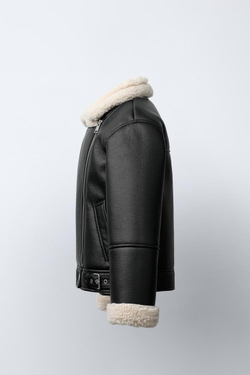 ZARA КУРТКА-ДУБЛЕНКА В БАЙКЕРСКОМ СТИЛЕ, ЧЕРНЫЙ/ЭКРЮ