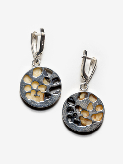 Уникальный серебряный комплект с цельным пейзажным янтарем, серебро 925 пробы