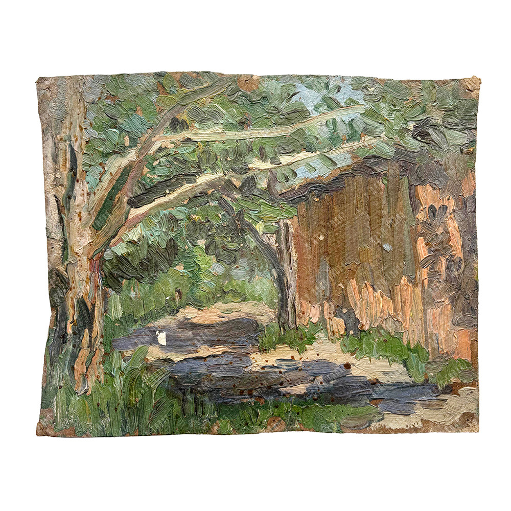 Динес Ю. С. Летний день. Дерево и амбар. Этюд. Картон, масло. 1950 г.