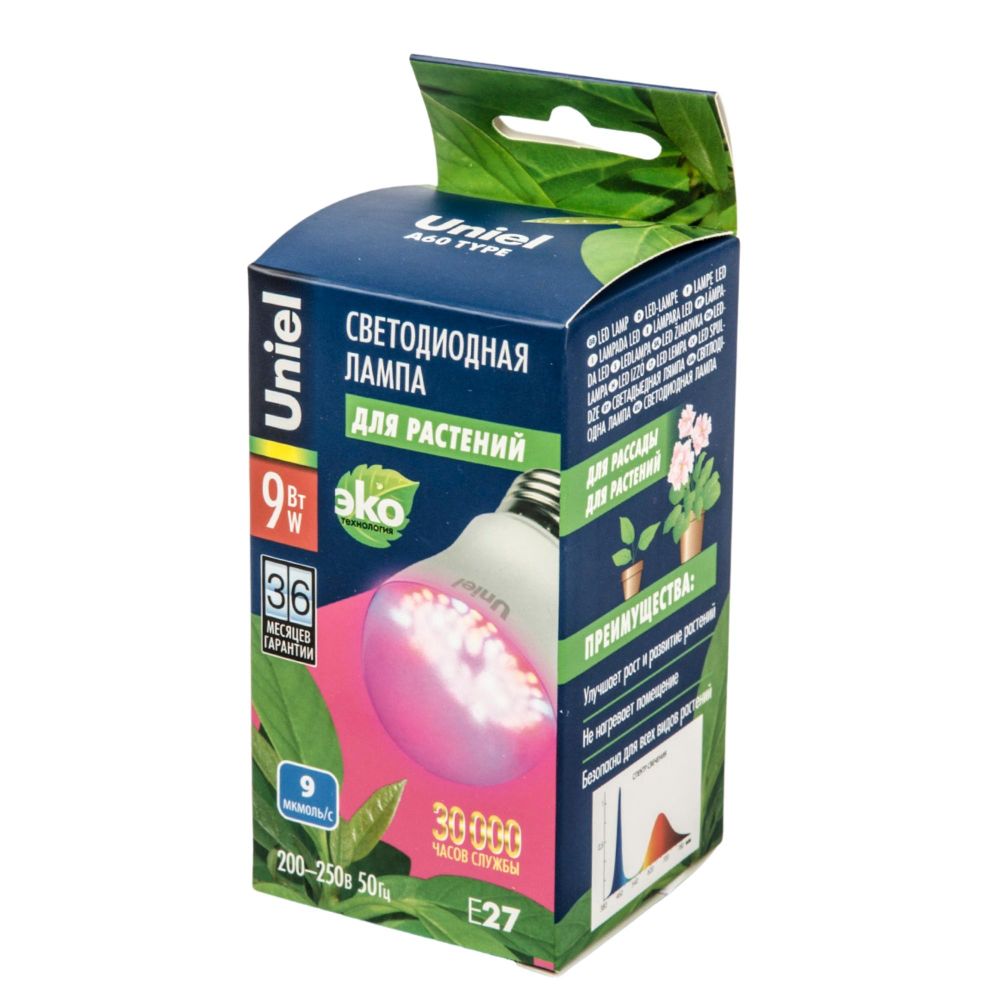 LED-A60-9W-SP-E27-CL ALM01WH Лампа светодиодная для растений. Форма A. прозрачная колба. Материал корпуса пластик. Упаковка картон.