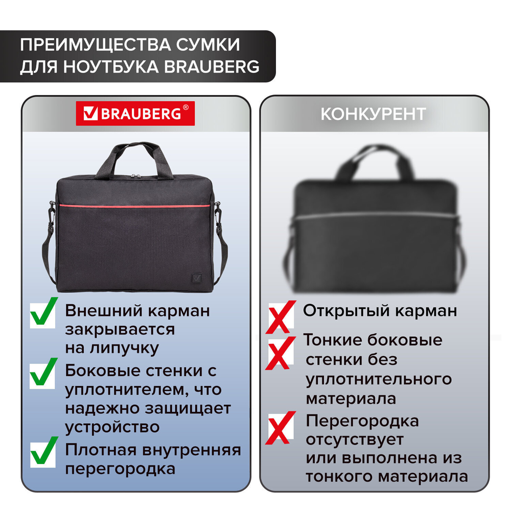 Сумка портфель BRAUBERG PRACTICAL с отделением для ноутбука 15 6" "Red line" черная 29х40х7 см