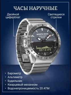 Часы наручные кварцевые NORTH EDGE на металлическом браслете, серебристый W9040-01