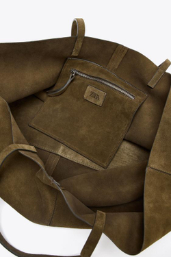 ZARA БОЛЬШАЯ ЗАМШЕВАЯ СУМКА-ШОПЕР, ЗЕЛЕНЫЙ ХАКИ