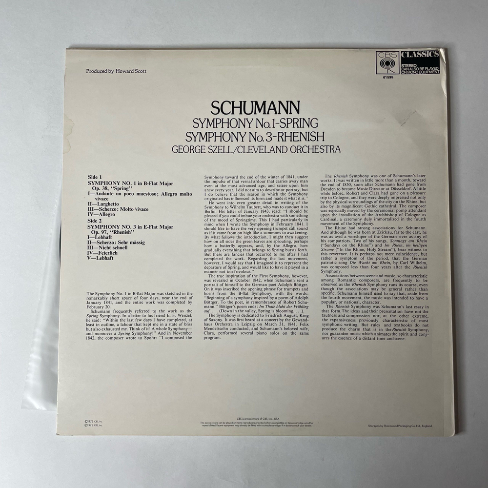 Винтажная виниловая пластинка LP Schumann Шуман George Szell, The Cleveland Orchestra Symphony No.1 Spring, No. 3 (Англия 1975)