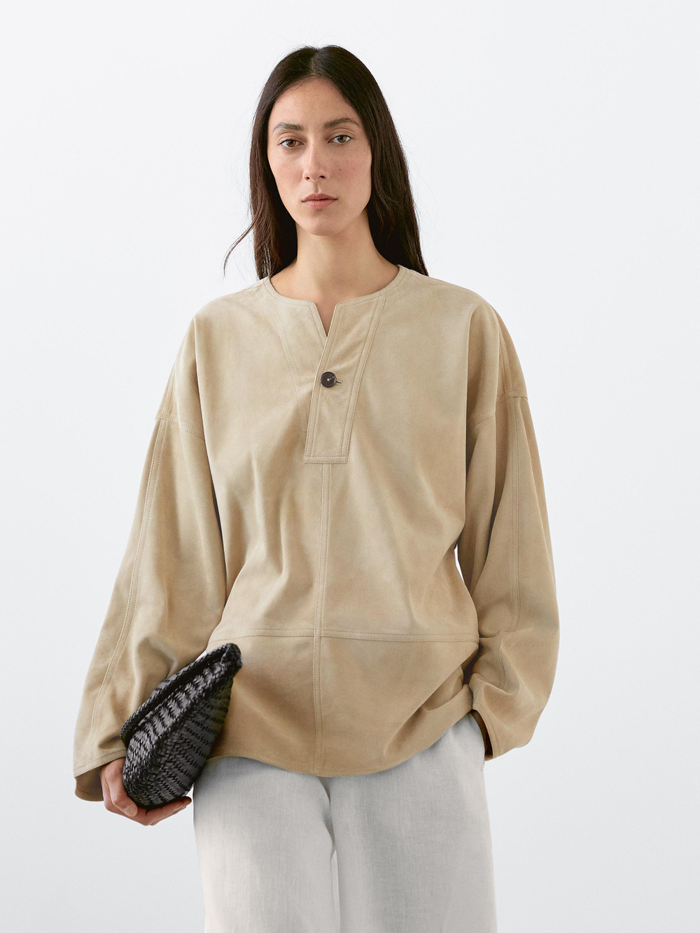 Massimo Dutti Блузка из плотной замши, каменно-серый