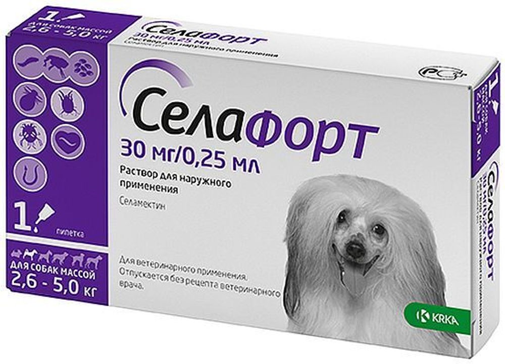 Селафорт противопаразитарный препарат для собак весом от 2,6 до 5 кг, пипетка 30мг/0,25мл