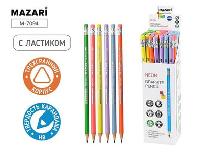 Карандаш ч/г НВ пластик. "Neon" с ластиком, корп. трехгран. (Mazari) (Комплект 48шт.)