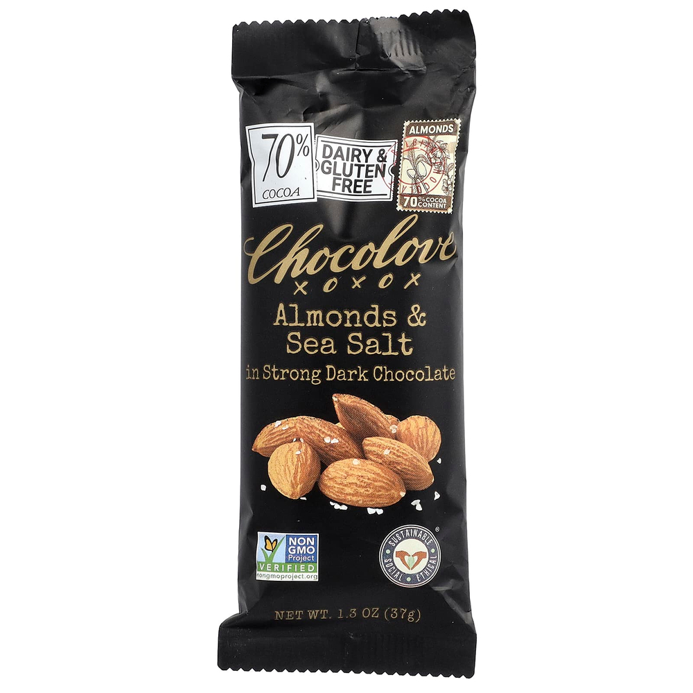 Chocolove, миндаль и морская соль в горьком темном шоколаде, 70% какао, 37 г (1,3 унции)