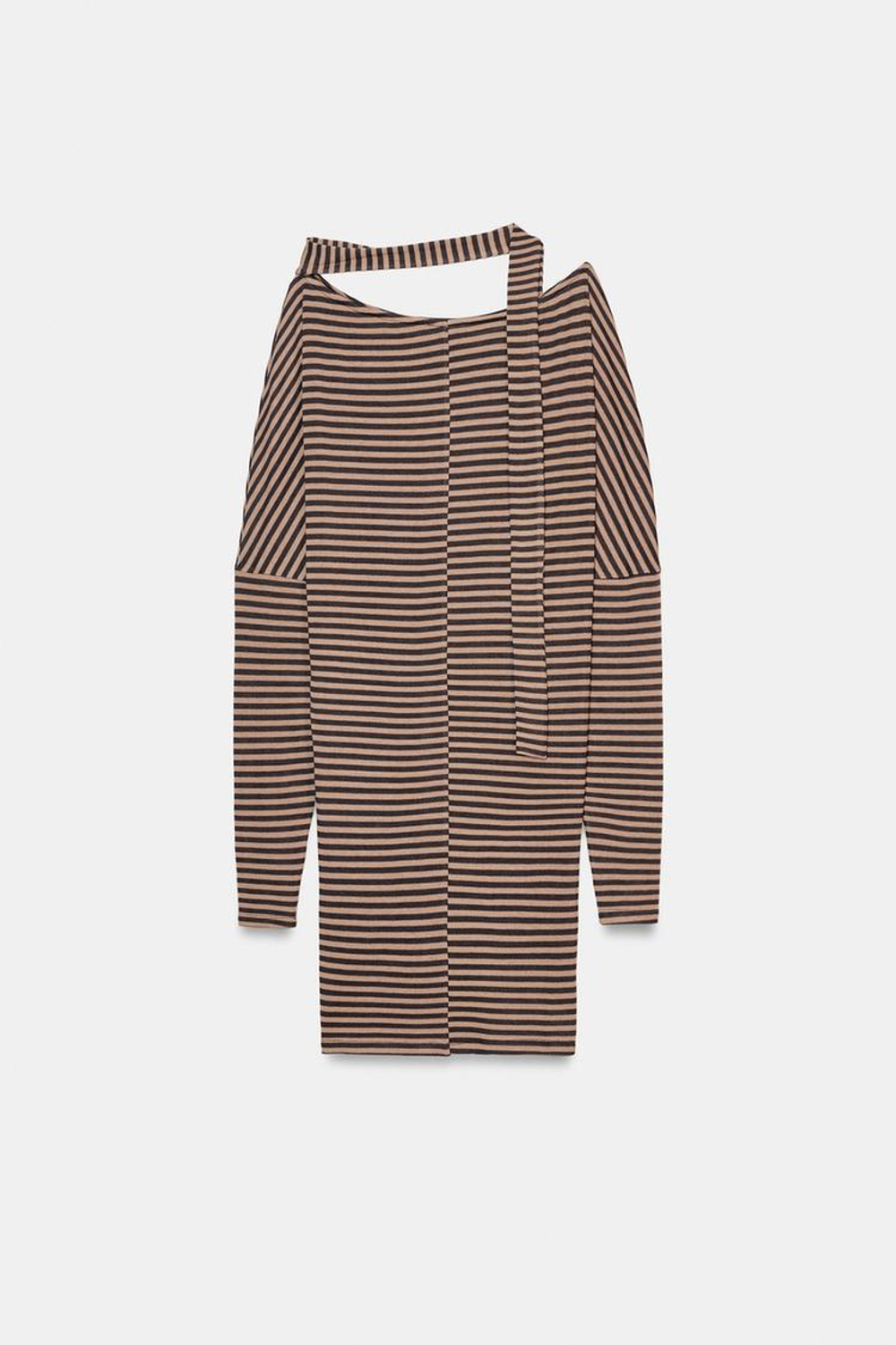 ZARA ТОП В ПОЛОСКУ С ПОЯСОМ, КОРИЧНЕВЫЙ/ЭКРЮ