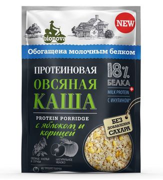 СКИДКА 50% Протеиновая каша быстрого приготовления "Bionova" овсяная с яблоком и корицей, 40г. (шоубоксами по 14шт)