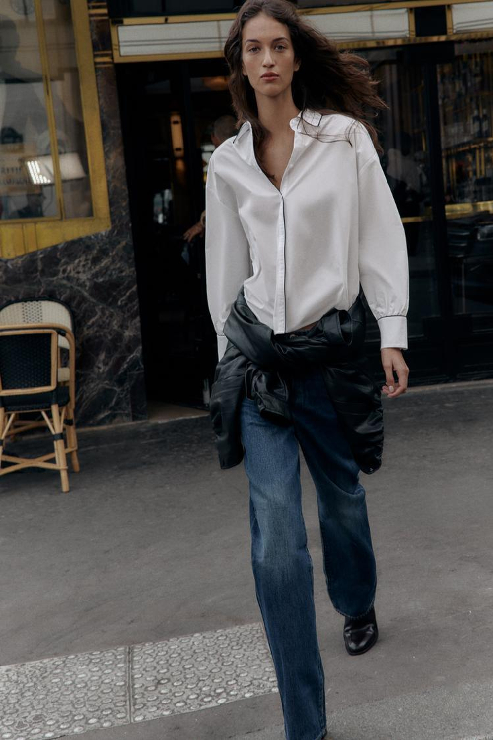 ZARA РУБАШКА ИЗ ПОПЛИНА С КОНТРАСТНОЙ ОТДЕЛКОЙ, БЕЛЫЙ/ЧЕРНЫЙ