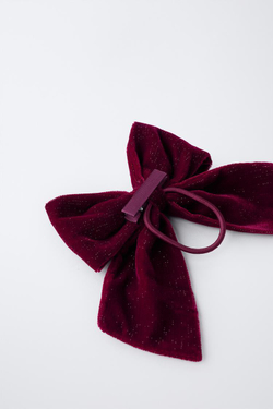 ZARA БАРХАТНАЯ РЕЗИНКА ДЛЯ ВОЛОС С БЛЕСТЯЩИМИ БАНТАМИ, ГРАНАТОВЫЙ