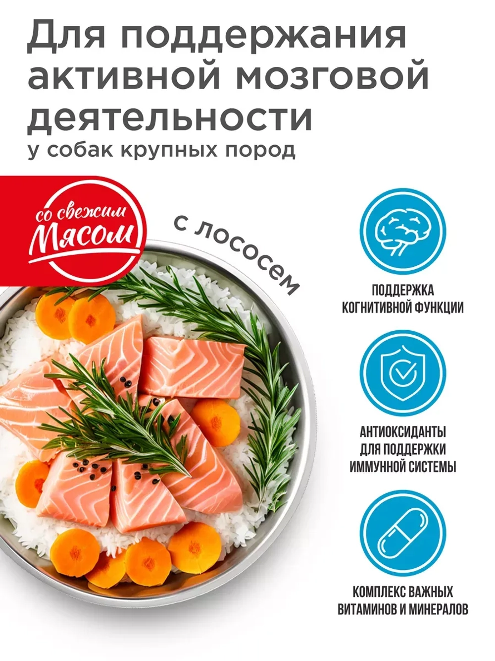 Корм для крупных собак с лососем, 2,5 кг, для мозга