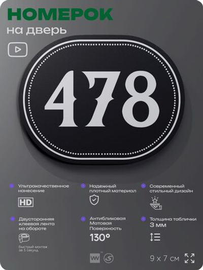 Номерок на дверь квартиры 478, для кабинета, офиса, шильдик 9 х 7 см, черный, Айдентика Технолоджи