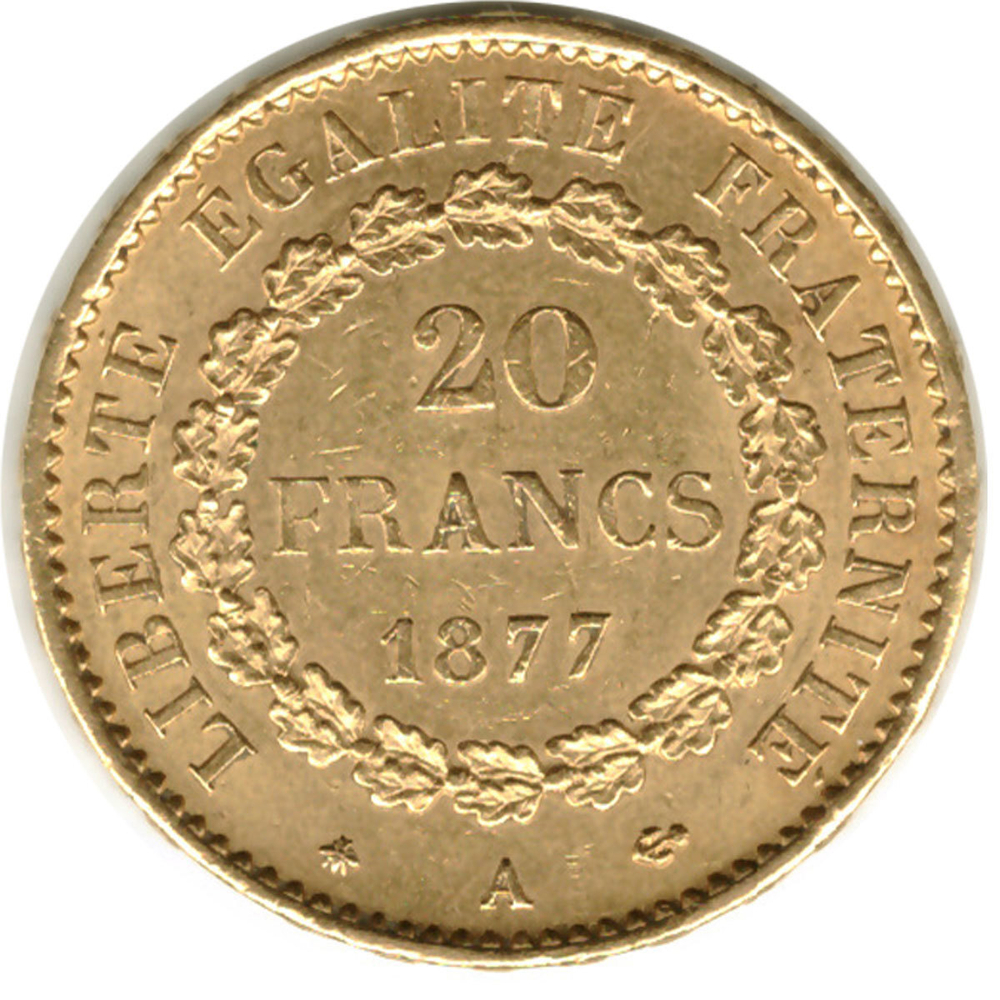20 франков 1877 год. Франция (Ангел) XF. Золото 900 пробы