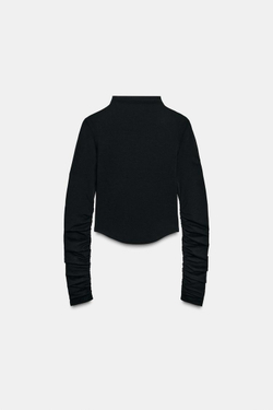 ZARA ФУТБОЛКА ИЗ ХЛОПКА И МОДАЛА СО СБОРКАМИ, ЧЕРНЫЙ