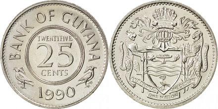 Гайана 25 центов, 1967 - 1992 Герб XF