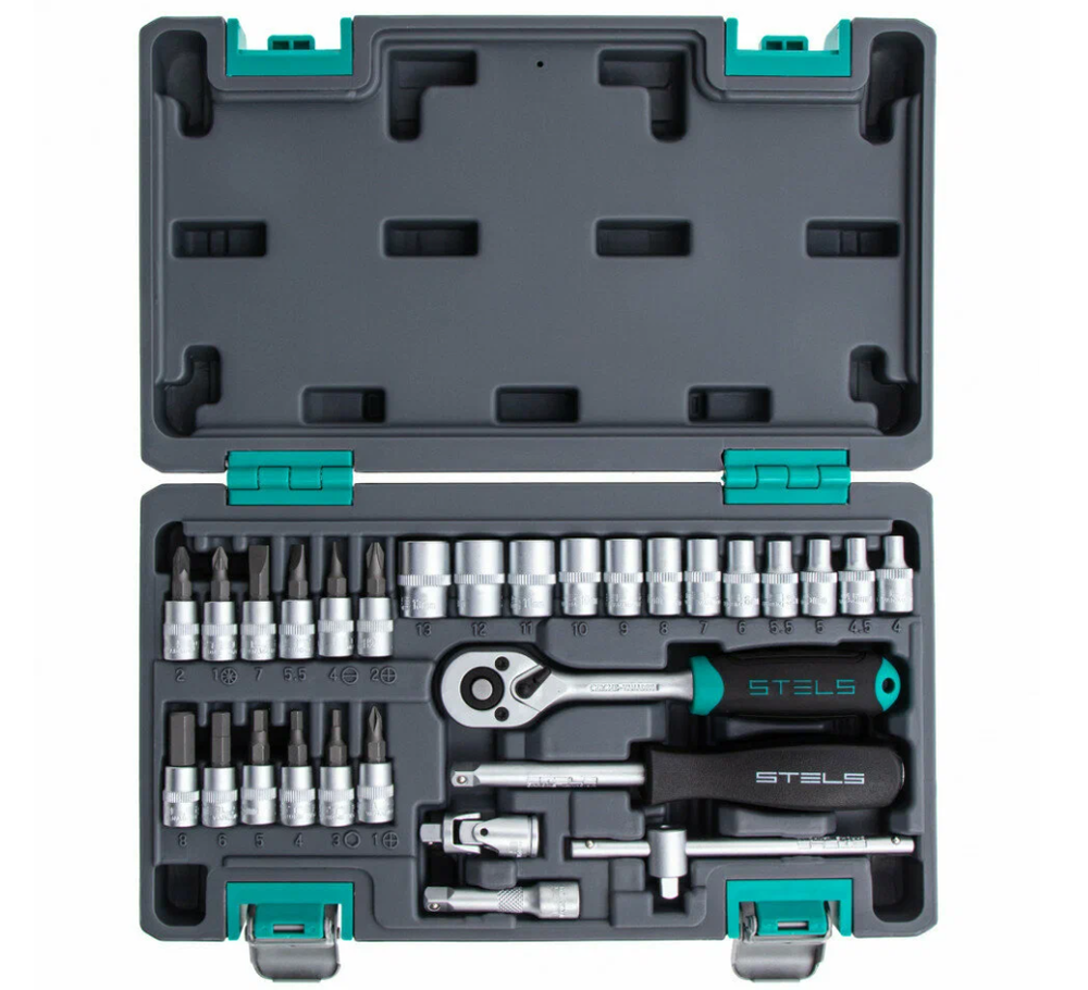 Набор инструментов, 1/4, CrV, пластиковый кейс, 29 предметов Stels, 14100