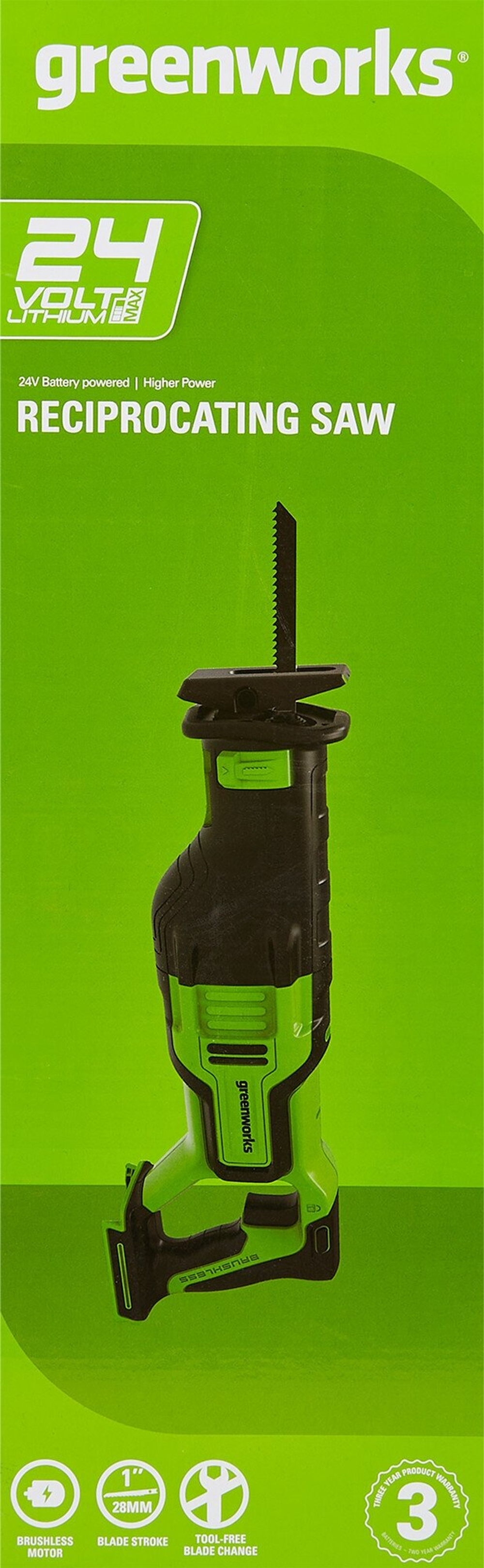 Пила сабельная аккумуляторная GREENWORKS GD24RS 24В,мак.гл.пропила-220мм,б/щ,без АКБ и ЗУ (1200407)