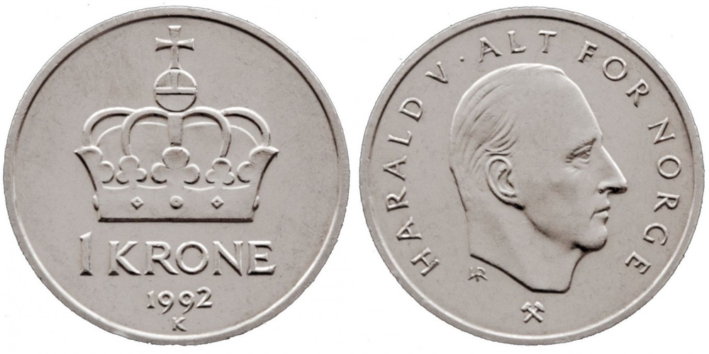 Норвегия 1 крона, 1992 - 1996 Король Харальд V XF