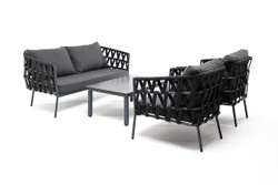 "Диего" лаунж-зона 4-местная плетеная из роупа со столиком "Канны" цвета "дуб", основание дуб, роуп бежевый