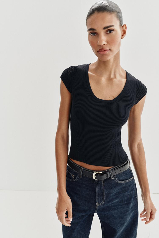 ZARA ТРИКОТАЖНЫЙ ТОП С КОМБИНИРОВАННЫМИ РУКАВАМИ, МОРСКОЙ СИНИЙ