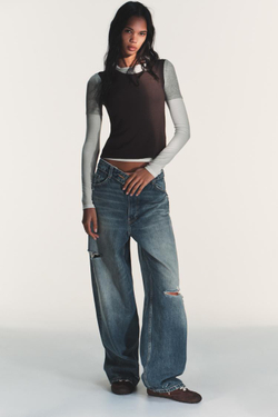 ZARA ФУТБОЛКА С ЭФФЕКТОМ ТРОЙНОГО СЛОЯ И ДЛИННЫМИ РУКАВАМИ, КОРИЧНЕВЫЙ