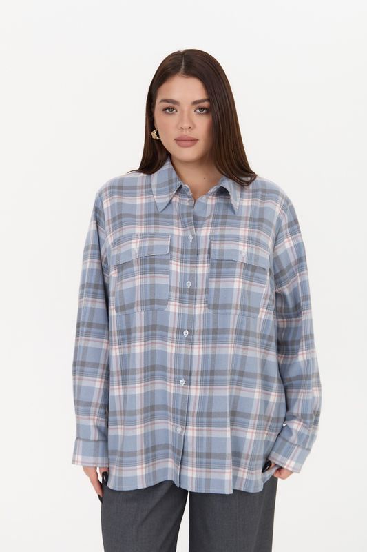Рубашка с карманами-клапанами в клетку, голубой