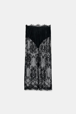 ZARA КРУЖЕВНАЯ ЮБКА МИДИ, ЧЕРНЫЙ