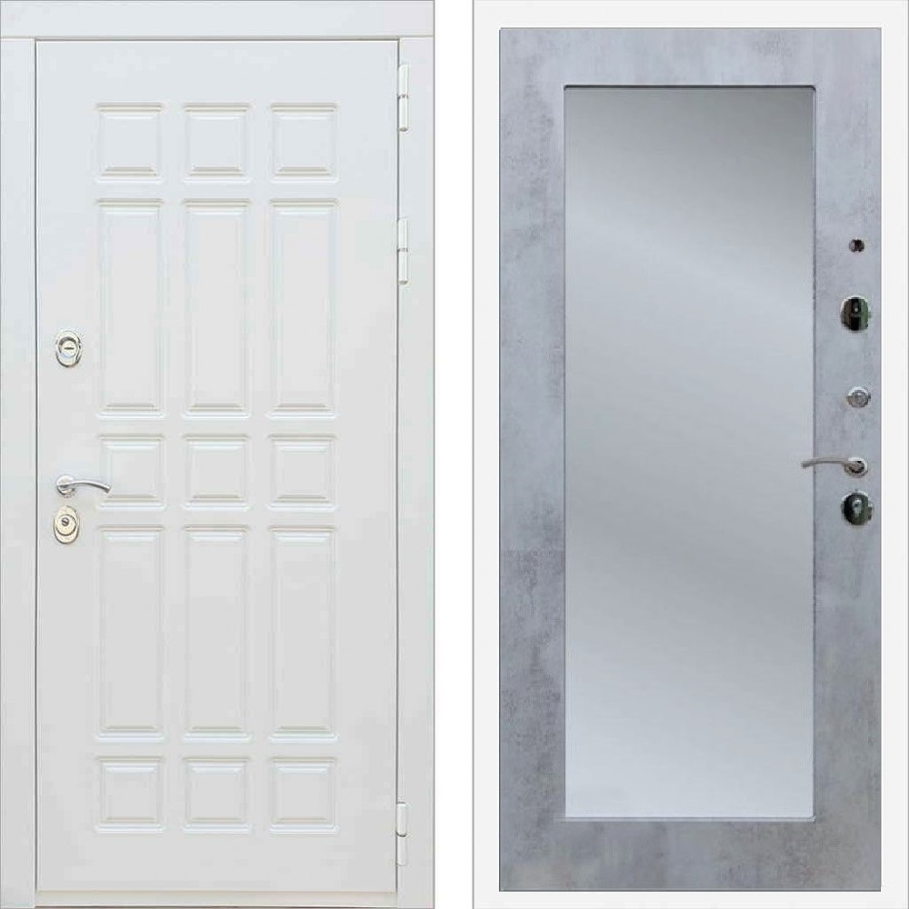 Входная металлическая белая дверь с зеркалом RеX (РЕКС) 8 Силк сноу / зеркало Пастораль Бетон темный