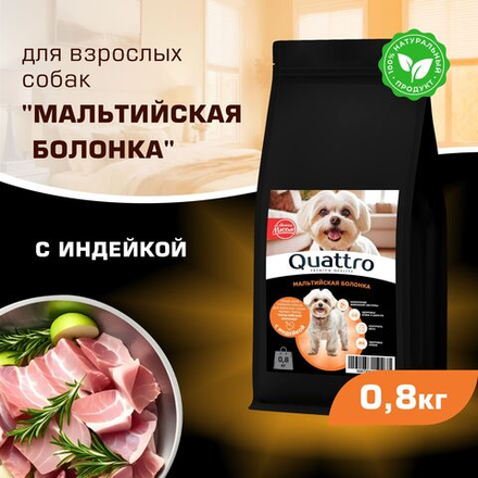 Корм сухой для взрослых собак породы Мальтийская болонка, с индейкой, 800 гр, QUATTRO