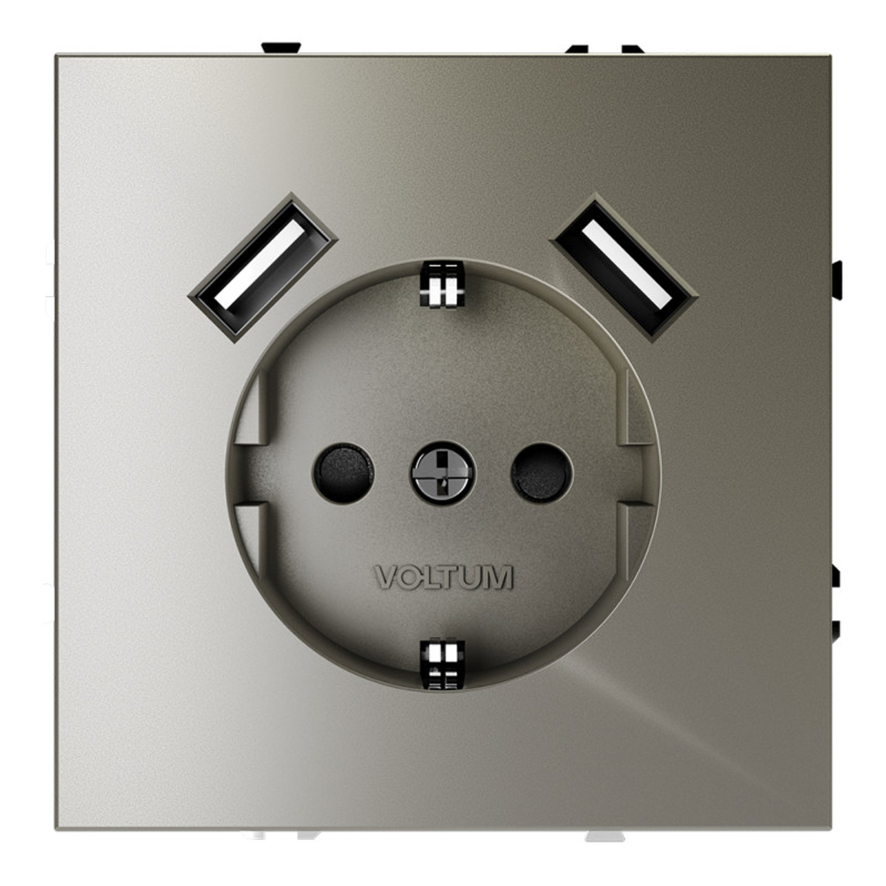 Розетка встраиваемая VOLTUM S70 с заземлением и защитными шторками, 16А, с USB, A+A, (шелк)