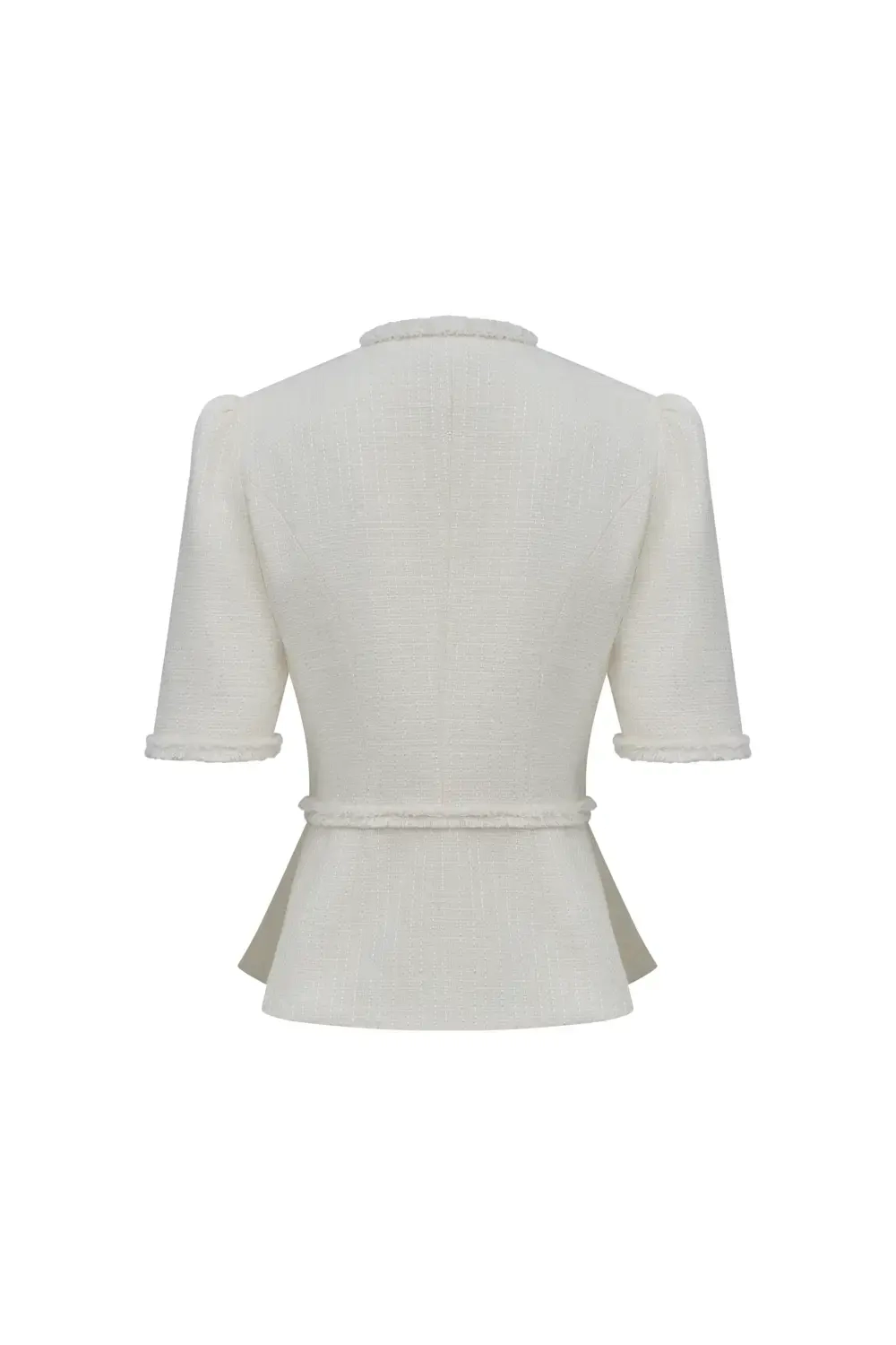 Белый жакет с объемными плечами и баской