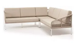 "Канны" диван модульный плетеный из роупа, каркас алюминий белый, роуп бежевый круглый, ткань бежевая 15052