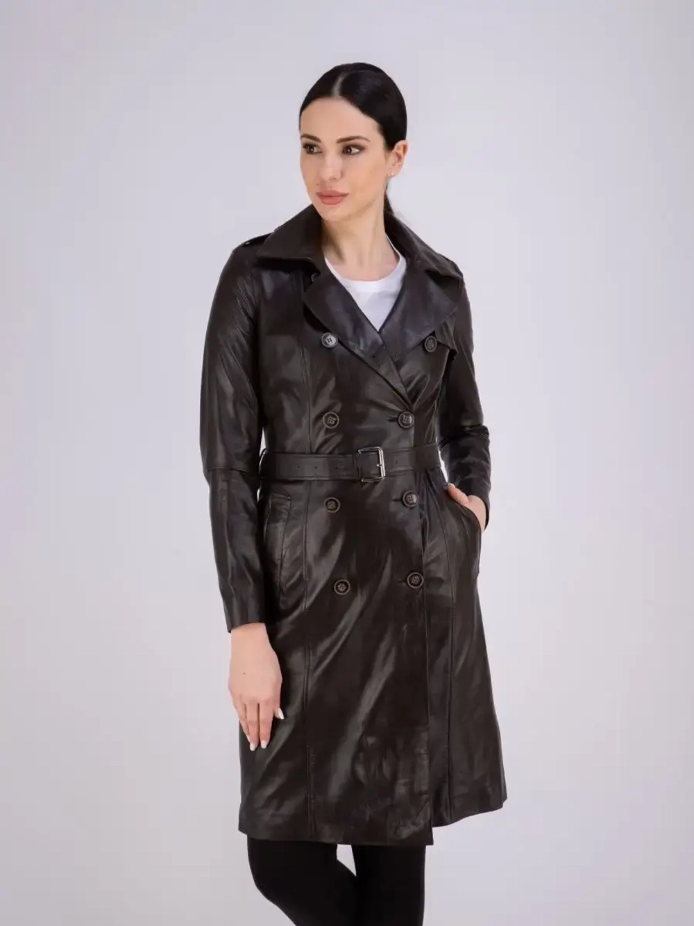 Тренч длинный кожаный с поясом плащ на весну
