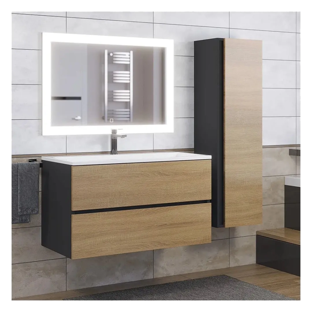 Тумба с раковиной Uperwood Barsa 90 см, раковина белая, подвесная тумба черная/дуб сонома