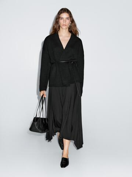 Massimo Dutti Длинный вязаный кардиган с поясом, черный