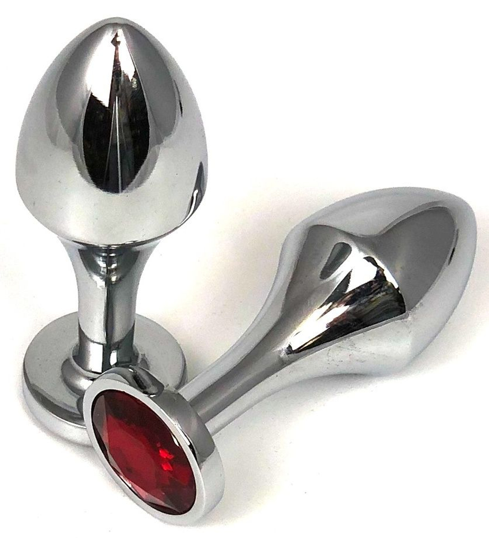 Серебристая анальная пробка на удлиненной ножке с красным кристаллом - 9 см. (Цвет: красный)