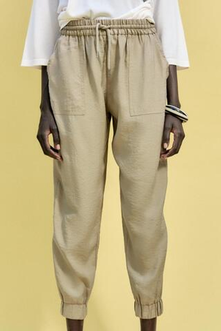 ZARA СТРУЯЩИЕСЯ БРЮКИ-ДЖОГГЕРЫ, ПЕСОЧНЫЙ