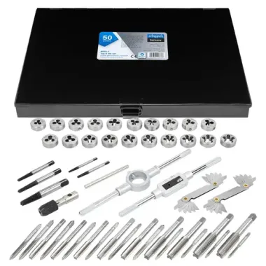 Набор метчиков и плашек 50пр.(М3х0.5,4х0.7,5х0.8,6х1.0,8х1.25,6,8,10-32,10,12-24,1/4-20/28,5/16-18/24,3/8-16/24,7/16-14/20,1/2-13,1/2-20) Scheppach Sch-M050-3