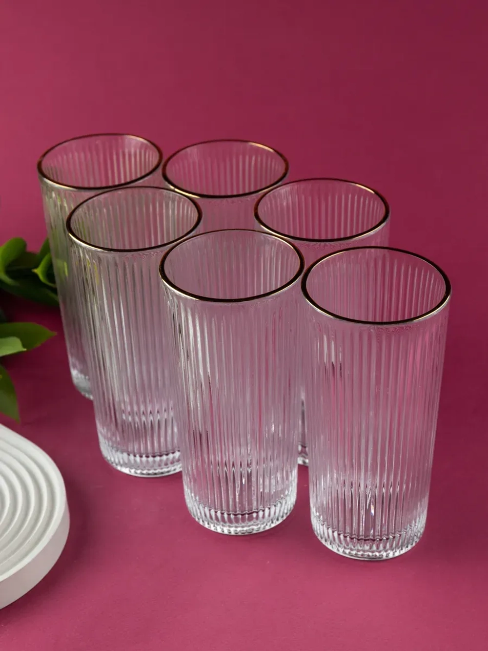 Ребристые бокалы для виски, 330 мл. 6 шт. с золотой каймой