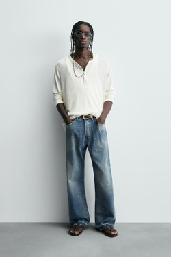 ZARA ДЖИНСЫ СВОБОДНОГО КРОЯ С БРЫЗГАМИ, ГОЛУБОЙ