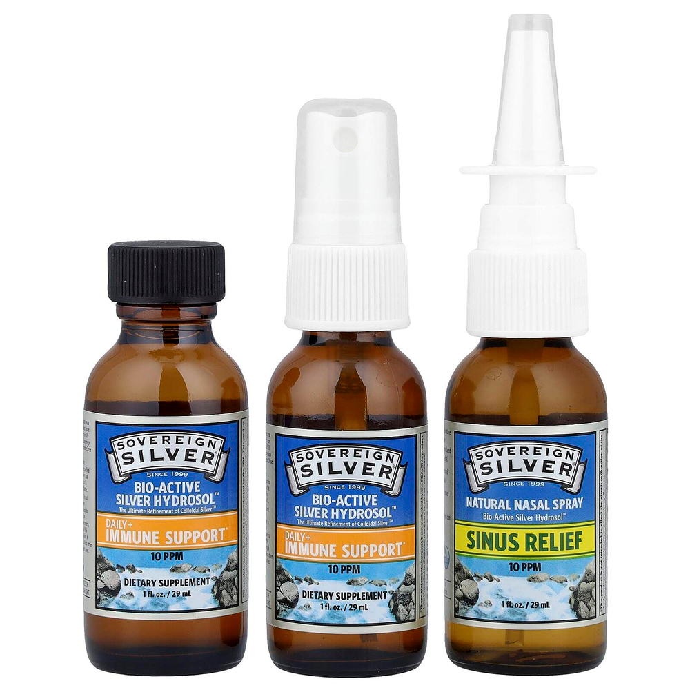 Sovereign Silver, Bio-Active Silver Hydrosol ™, Daily + Immune Support, для облегчения состояния носовых пазух, пробный и дорожный набор, набор из 3 предметов, 29 мл (1 жидк. Унция)