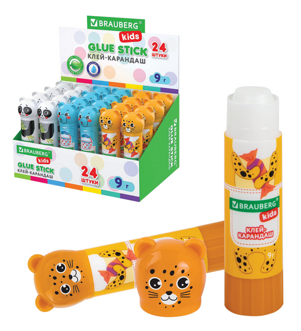 Клей-карандаш 9г. "Зверята: панда, слон, леопард" фигурный колпачок (BRAUBERG)